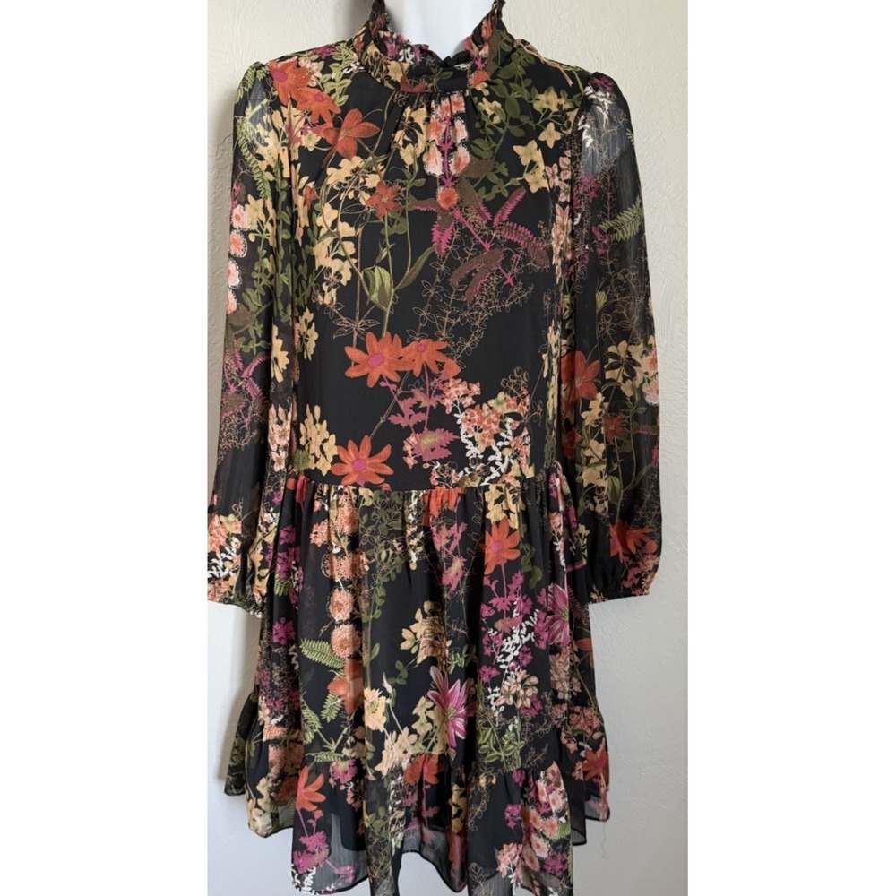 Melonie Tiered Mini Dress Womens Size 4 Floral Ruffle High Neck Boho Long Sleeve